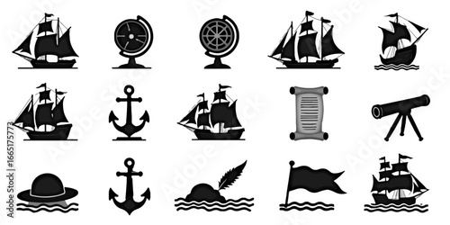 Silhouette Icons Set of Columbus Day, including sailing ships, compass, globe, anchor, telescope, explorer hat, maps, historical scrolls, flags, and ocean waves