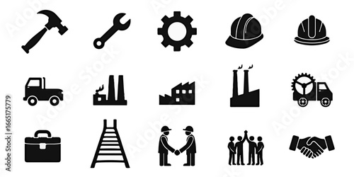 Silhouette Icons Set of Labor Day, including tools like hammer, wrench, gear, construction helmet, factory, workers raising hands, briefcase, ladder, handshake, and banner icons