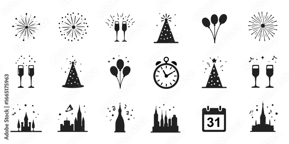 Fototapeta premium Silhouette Icons Set of New Year’s Eve, including fireworks, champagne glasses, party hats, balloons, confetti, countdown clock, calendar page with 31, music notes, city skyline, and festive celebrati
