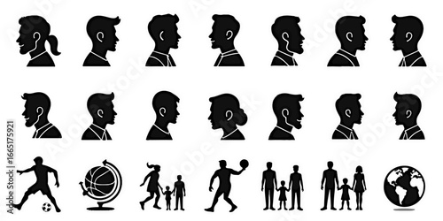Silhouette Icons Set of International Men’s Day, including strong male profiles, mustache icons, ties, shirts, sports symbols, handshake icons, family figures with fathers, globe and male symbols