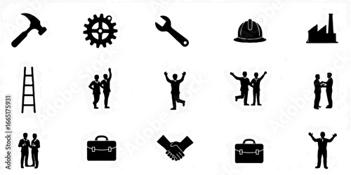 Silhouette Icons Set of Labor Day, including tools like hammer, wrench, gear, construction helmet, factory, workers raising hands, briefcase, ladder, handshake, and banner icons
