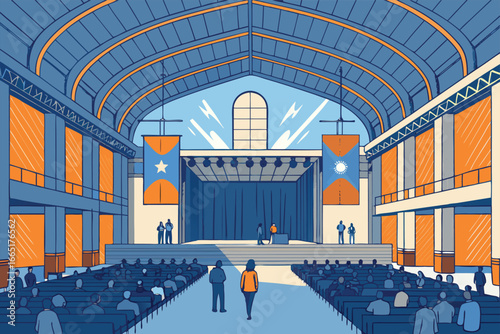 A bustling startup demo day in a large hall.