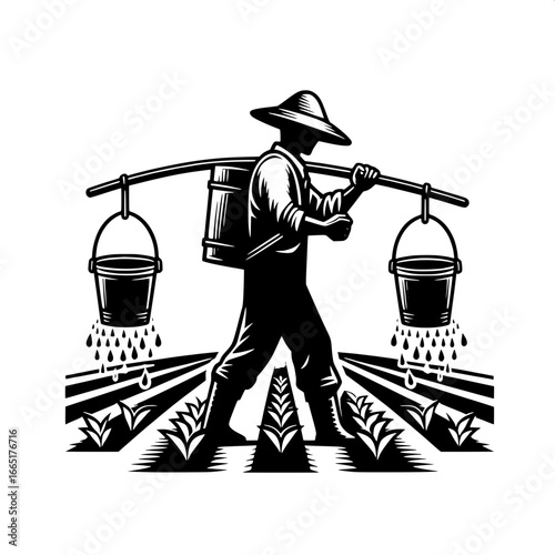 Farmer Watering Plants with Bucket