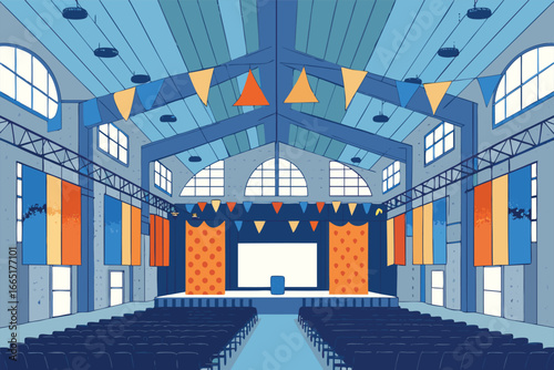 Large hall, startup banners, demo day stage.