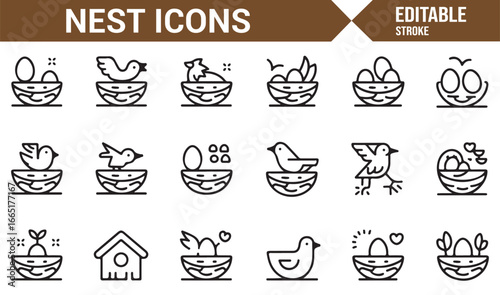 Bird nest, egg, and habitat icons for wildlife and conservation imagery