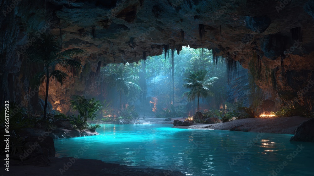Obraz premium Tropical cave lagoon, hidden beach, jungle fires, adventure game background