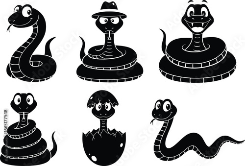 Cute cartoon snakes collection six different silhouettes with expressive eyes and personality