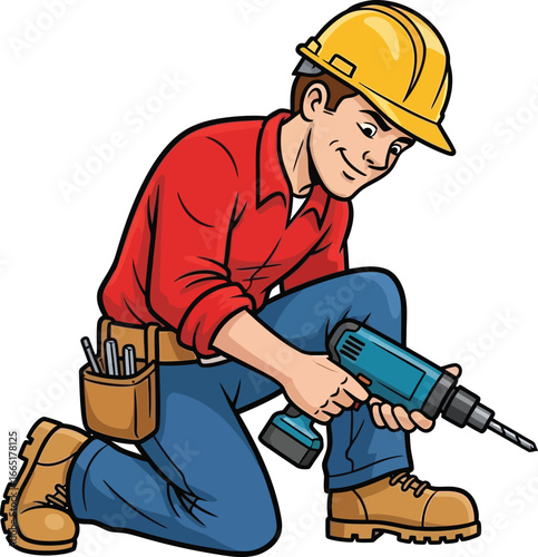 Construction worker in hard hat using a power drill on knees vector