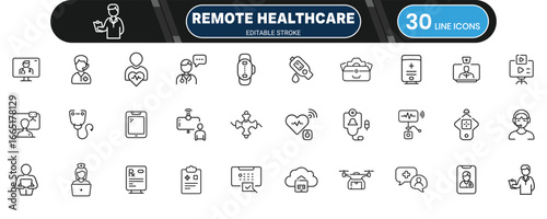 Remote healthcare and medicine icon collection, editable thin outline set for online medical service, patient care and diagnosis design