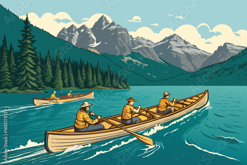 Long wooden boats racing side by side, bold flat graphic.