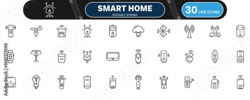 Smart home and IoT icon set, editable thin outline collection for connected devices, automation, digital technology and wireless control