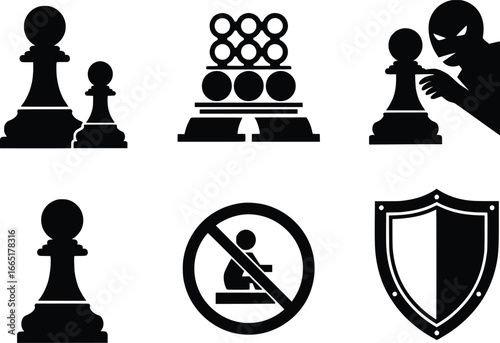 Chess pawns and shield silhouettes strategic game pieces and protection symbol collection