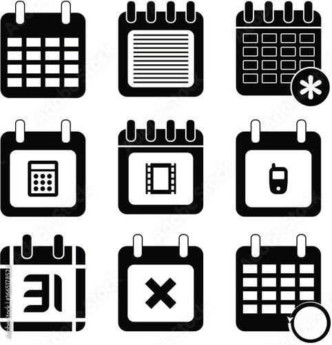 Calendar set vector icon isolated on white, Calendar icons set in black. Day calendar elements icons set. Black and white calendar Vector illustration icon. Date and number symbol. editable eps file.