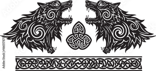 Black and white illustration of two snarling wolves heads with Celtic knot designs and border wolf roaring