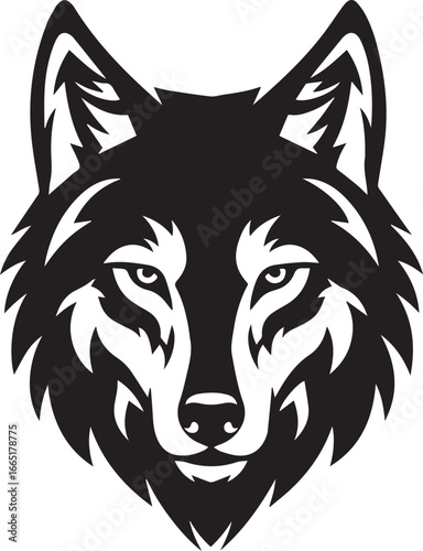 Black and white stylized wolf head graphic with sharp lines and intense eyes face animal