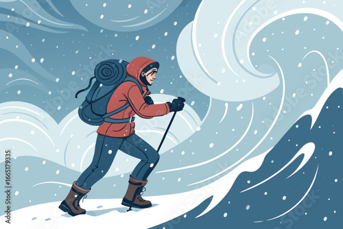 Mountaineer battling a severe snowstorm with brutal winds.