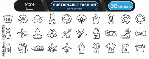 Sustainable fashion and clothing icon collection, editable thin outline set for eco textile, organic apparel, recycling and green lifestyle