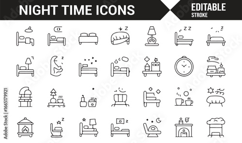 Sleep, relaxation, and bedtime icons in a simple line art style