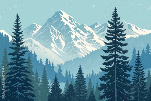 Majestic mountain forest with snow-capped peaks.