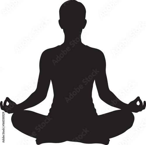 Black silhouette of a person meditating in a lotus position with hands in Gyan Mudra meditation yoga