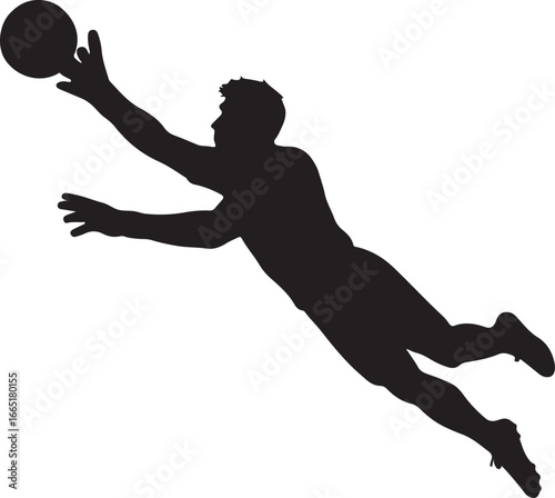 Black silhouette of a soccer goalkeeper diving to catch a ball catching