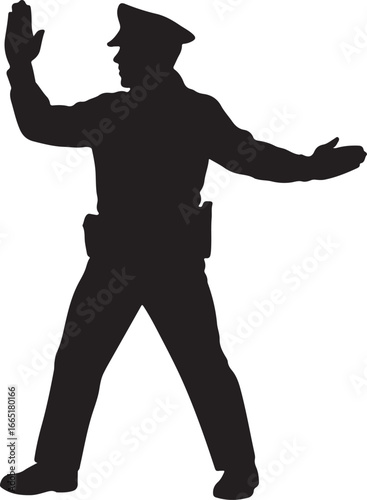 Black silhouette of a police officer directing traffic with raised hands traffic control stopping
