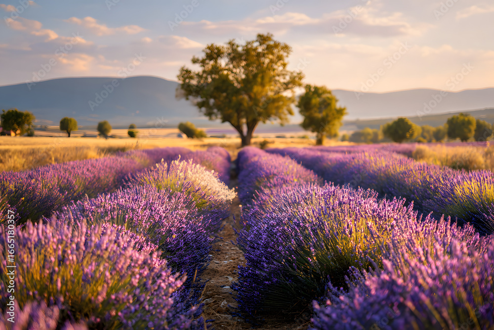 Naklejka premium beautiful lavender field with the sun setting in the background.