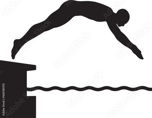 Silhouette of a diver leaping from a diving board into wavy water jumping