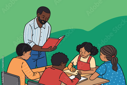 Diverse classroom with engaged teacher and students.