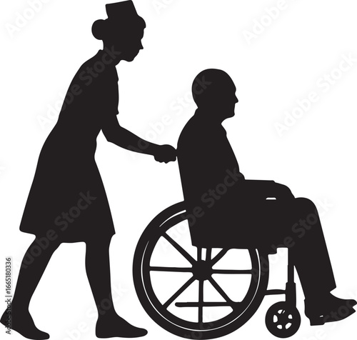 Silhouette of a nurse pushing an elderly man in a wheelchair care