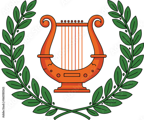 Orange Lyre with Green Laurel Wreath on White Background harp musical instrument