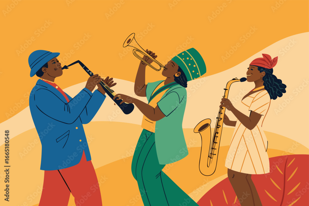 Naklejka premium Diverse musicians playing instruments together.