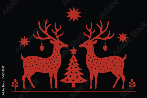 Two Reindeers Facing Each Other with Stars and Christmas Tree Design