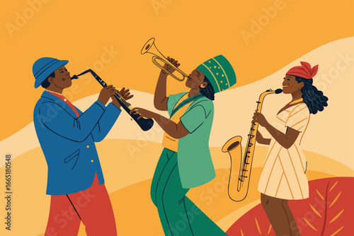 Diverse musicians playing instruments together.