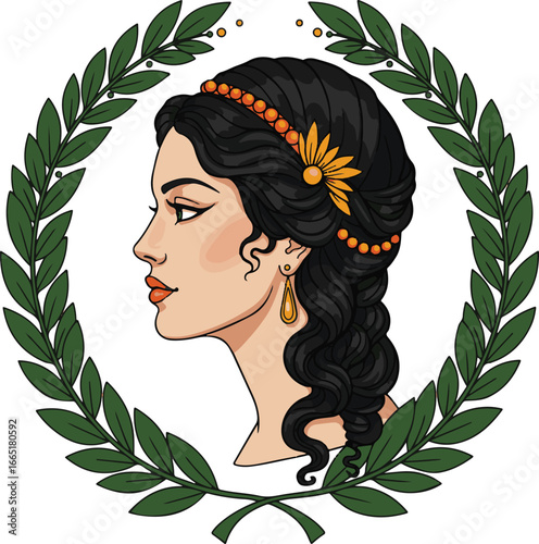 Profile Portrait of a Woman with Black Hair in a Laurel Wreath female beauty
