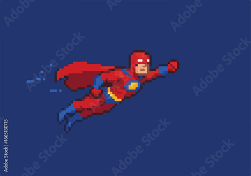 Pixel Superhero Flies in Blue, Used for Retro Game Design with Pixel Particles