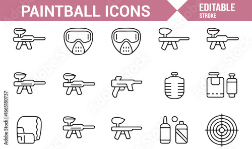 Paintball target, equipment, and action icon set for sports use