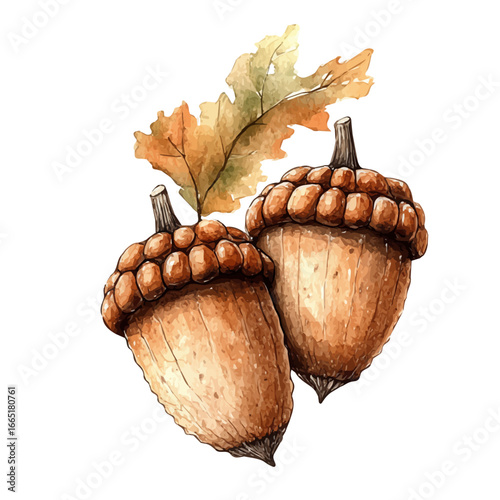 Acorns, watercolor painting vector, isolated on a white background.