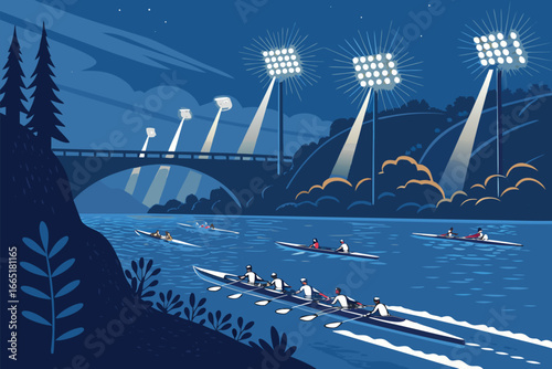 Nighttime boat race illuminated by floodlights.