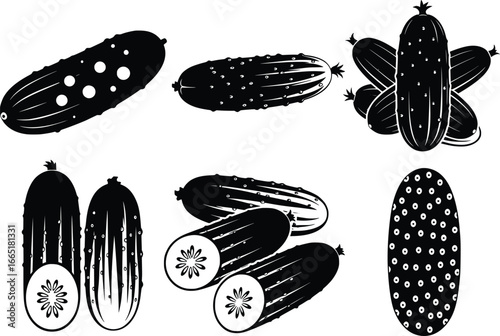 Collection of fresh cucumber silhouettes diverse views healthy food ingredient graphic elements