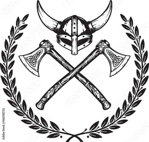 Viking helmet and crossed axes framed by a laurel wreath horned helmet