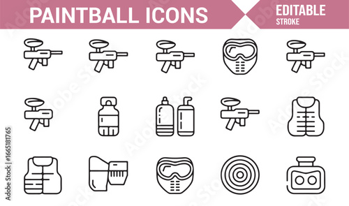 Paintball gun, vest, and mask icons for recreational sports