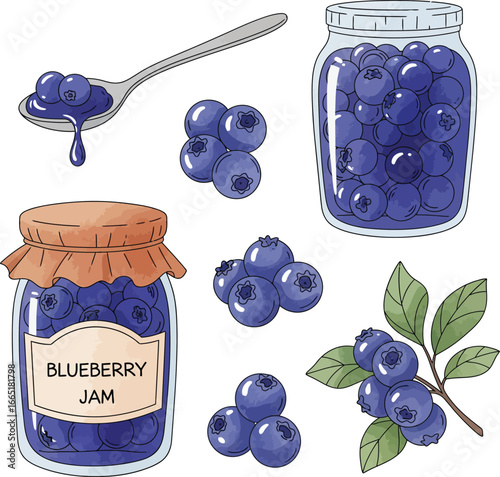 Blueberry Jam and Fresh Berries Set with Spoon and Jar