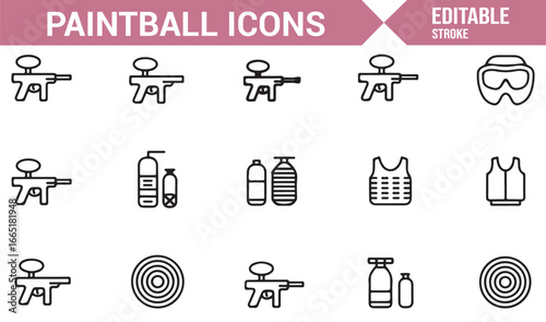 Collection of paintball gear and action icons in minimalist style