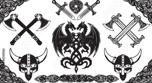 Viking Warrior Symbols Including Dragons Axes Helmets And Swords vector illustration