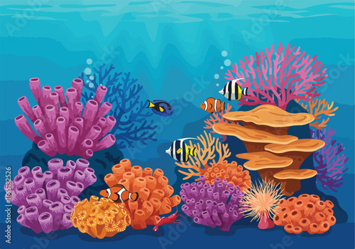 Tropical fishes swim through a colorful reef background. Educational usage, etc