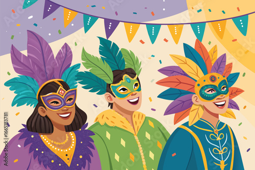 Vibrant carnival celebration with masked revellers.