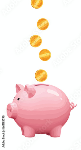 Pink piggy bank with coins symbol representing savings finance banking money wealth investment and personal financial growth