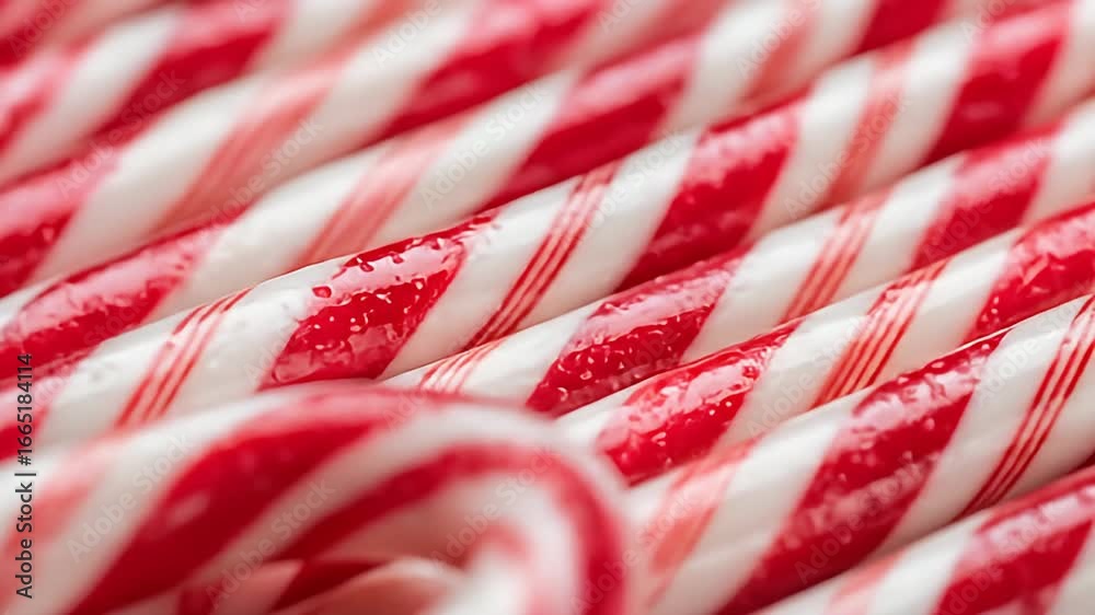 Close-up of red and white striped candy canes arranged in a slightly chaotic pile