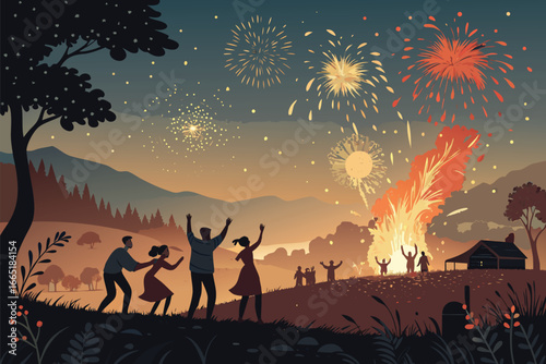 People celebrate a bonfire festival in a rural setting.